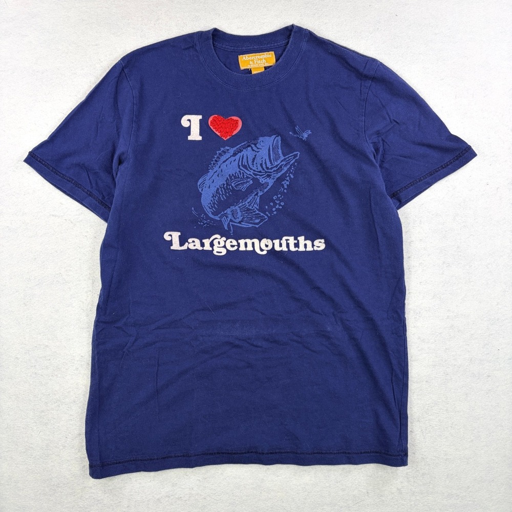 Vintage Abercrombie & Fitch Navy I Heart Largemouths Bass Fishing T-Shirt Mens M